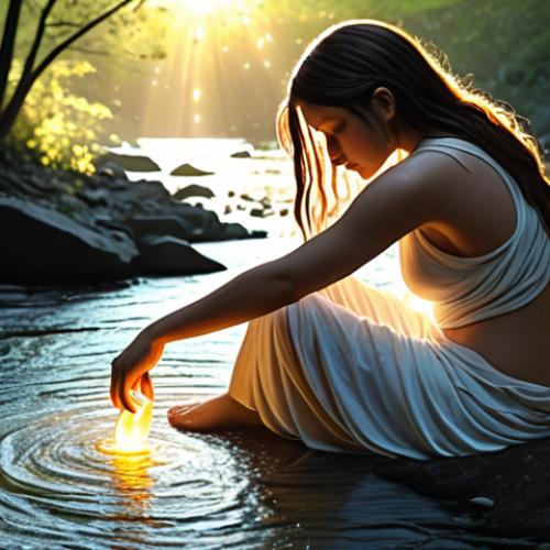 Home 16 **Prompt:** A luminous, serene figure gently mending fractured, glowing fragments of memories into a flowing, coherent river of light. The river symbolizes their life story, moving from past pain towards a hopeful, clear horizon. The scene evokes a deep sense of introspection, healing, and the construction of meaning from chaos. Artistic, ethereal, soft light, symbolic, intricate details, warm and cool tones, digital painting.