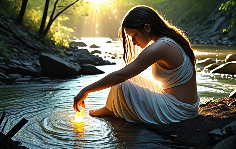 **Prompt:** A luminous, serene figure gently mending fractured, glowing fragments of memories into a flowing, coherent river of light. The river symbolizes their life story, moving from past pain towards a hopeful, clear horizon. The scene evokes a deep sense of introspection, healing, and the construction of meaning from chaos. Artistic, ethereal, soft light, symbolic, intricate details, warm and cool tones, digital painting.