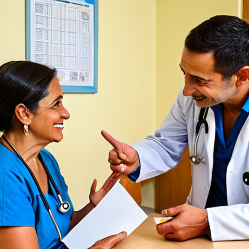 Home 15 **
A kind, empathetic doctor listening attentively to an elderly Latina woman (Doña Elena) in a bright, comfortable clinic. The doctor is making eye contact and nodding, showing they understand. Doña Elena is smiling slightly, holding a piece of paper with a healthy recipe. Warm, inviting atmosphere.
**