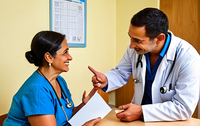 **

A kind, empathetic doctor listening attentively to an elderly Latina woman (Doña Elena) in a bright, comfortable clinic. The doctor is making eye contact and nodding, showing they understand.  Doña Elena is smiling slightly, holding a piece of paper with a healthy recipe.  Warm, inviting atmosphere.

**