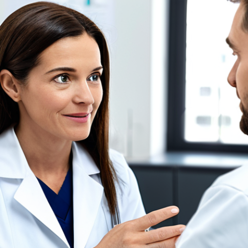 Home 8 A compassionate female doctor in a crisp white lab coat and a male patient in a modest sweater, engaged in a heartfelt conversation in a modern, brightly lit medical consultation room. The doctor is attentively listening, making eye contact, while the patient is speaking calmly. Both subjects are fully clothed in appropriate attire, professional dress, safe for work, appropriate content, family-friendly. Perfect anatomy, correct proportions, natural pose, well-formed hands, proper finger count, natural body proportions. Professional photography, high quality, realistic.