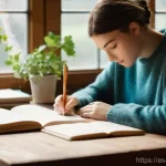 Home 9 내러티브 의학의 심리적 치료 접근법 - **Prompt:** "A person, gender-neutral, in their late 20s, sits comfortably at a wooden desk, fully c...