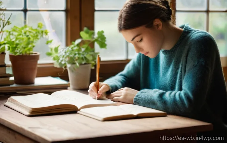 내러티브 의학의 심리적 치료 접근법 - **Prompt:** "A person, gender-neutral, in their late 20s, sits comfortably at a wooden desk, fully c...