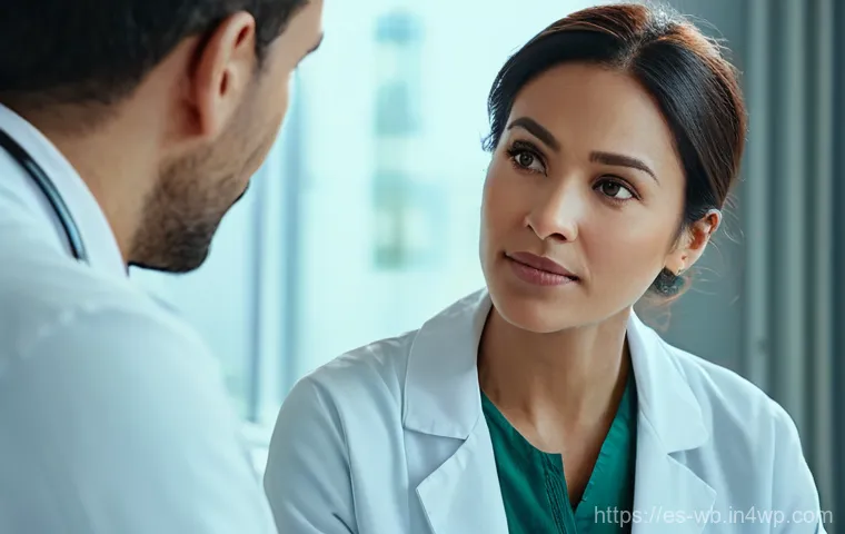 내러티브 의학의 문화적 맥락 - **Prompt:** A compassionate female doctor, wearing a crisp white lab coat over a professional blouse...