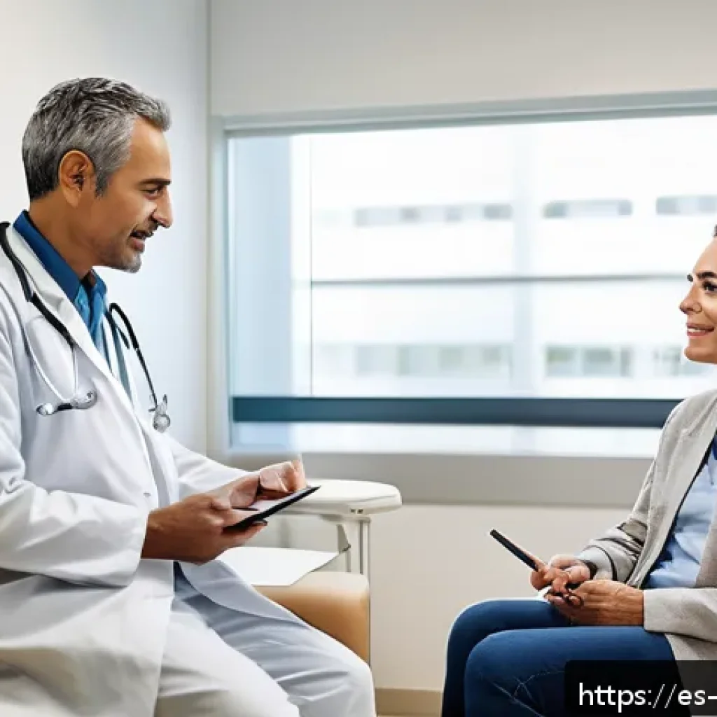 내러티브 의학의 사례 연구 분석 - A warm, inviting medical consultation room in a modern Spanish clinic, featuring a friendly Hispanic...