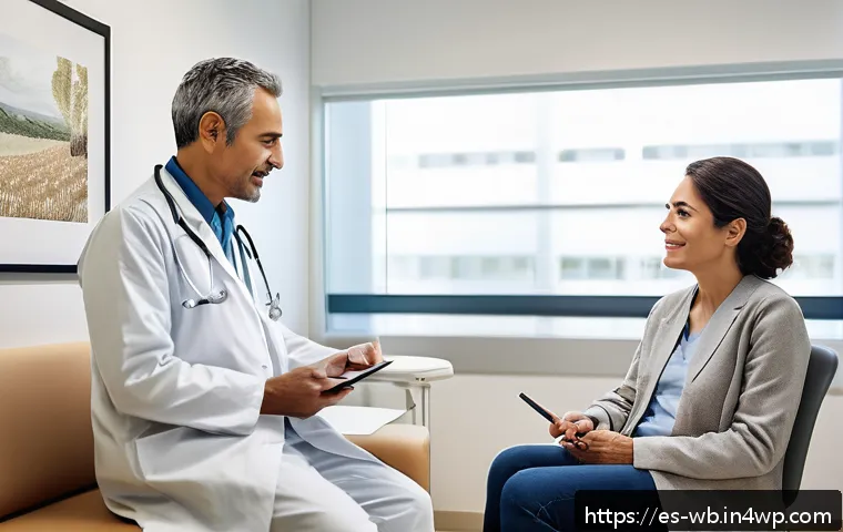 내러티브 의학의 사례 연구 분석 - A warm, inviting medical consultation room in a modern Spanish clinic, featuring a friendly Hispanic...
