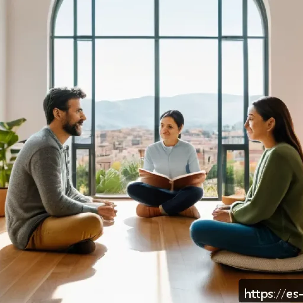 내러티브 의학과 정신 건강 - A warm, inviting therapy room scene showing a diverse group of adults in casual clothing sitting in ...