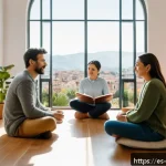 Home 17 내러티브 의학과 정신 건강 - A warm, inviting therapy room scene showing a diverse group of adults in casual clothing sitting in ...
