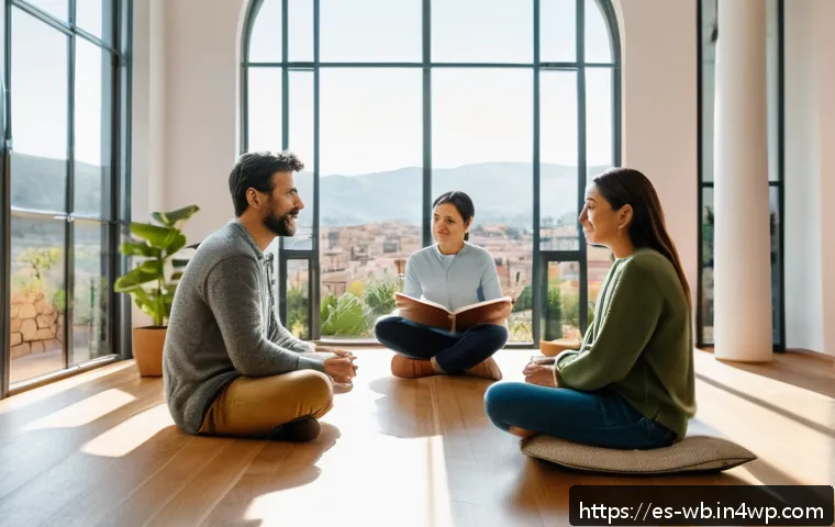 내러티브 의학과 정신 건강 - A warm, inviting therapy room scene showing a diverse group of adults in casual clothing sitting in ...