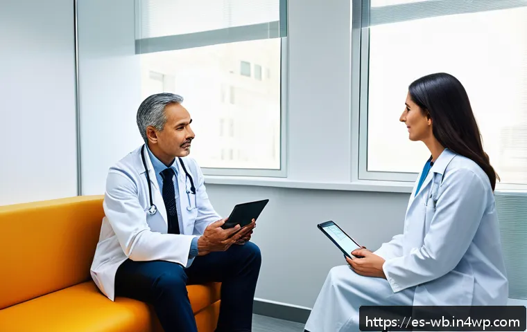 내러티브 의학의 환자 개입 사례 - A warm and inviting modern medical consultation room in a Spanish clinic, featuring a middle-aged Hi...