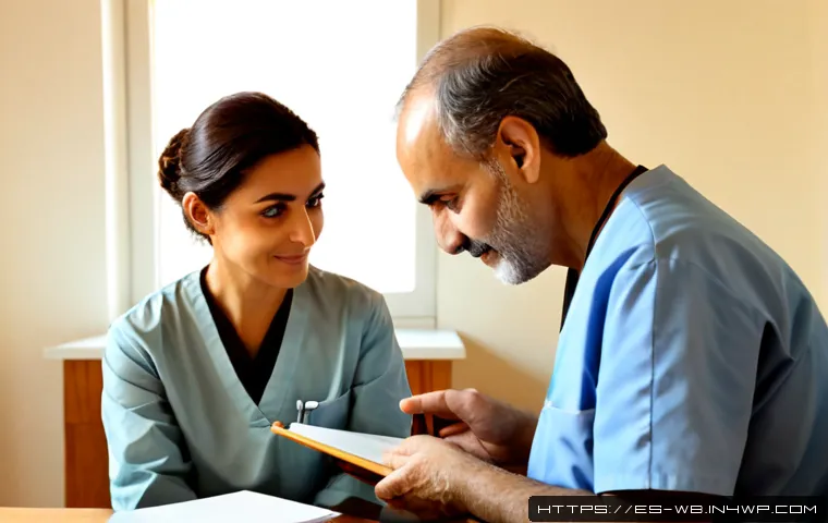 Home 17 내러티브 의학의 이론적 토대 - Photorealistic scene of a compassionate Spanish-speaking doctor in a sunlit clinic listening attenti...